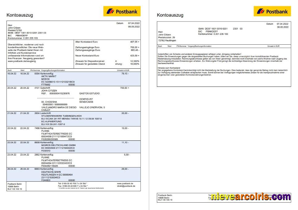 Germany Postbank statement 2 pages